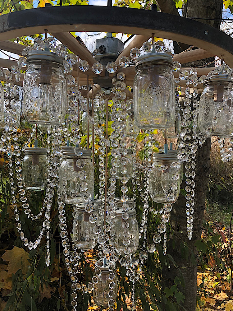 32” Wooden Wheel Mason Jar Chandelier