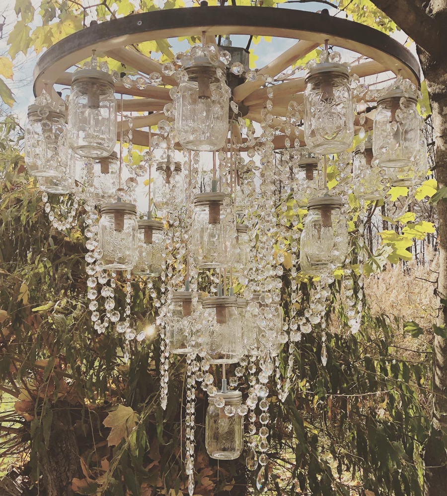 32” Wooden Wheel Mason Jar Chandelier